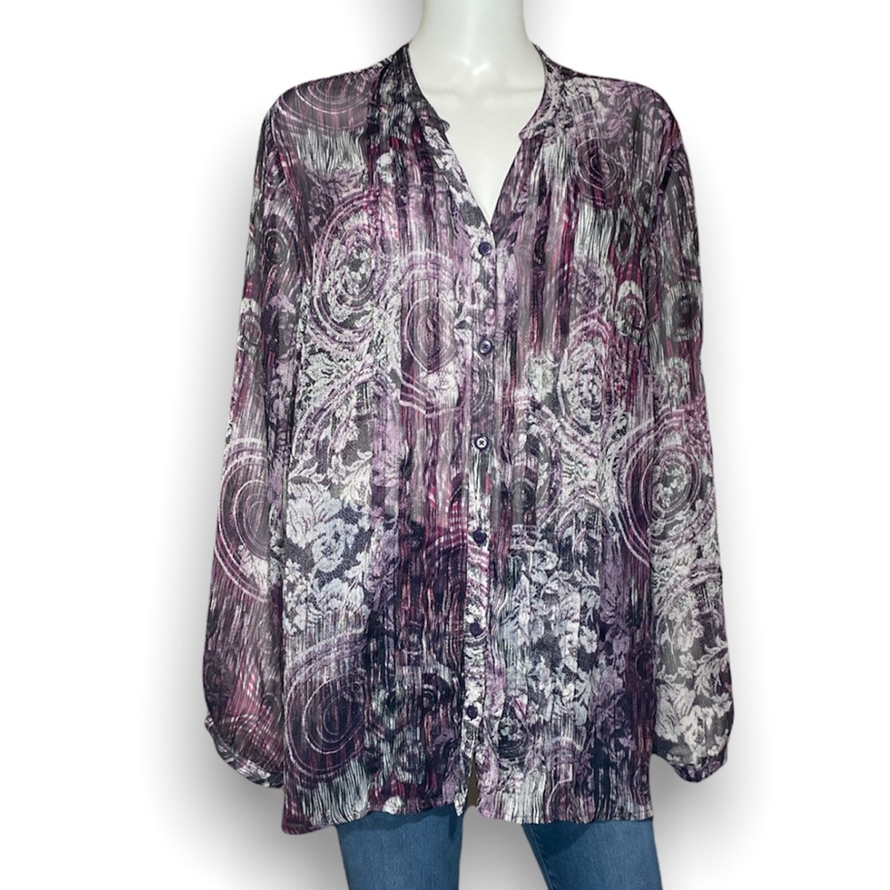 CJ Banks Sheer overlay button down blouse
